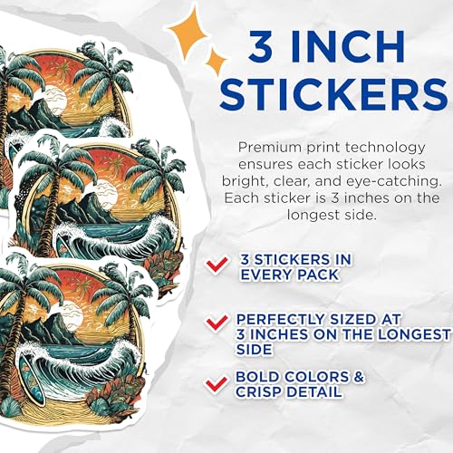 (3 Pack) Surfboard Beach Decals - Palm Tree Stickers - Sunset Tropical Decal - 3 Inches On Longest Side - Easy Peel & Apply - Made in USA - 3MCS8028