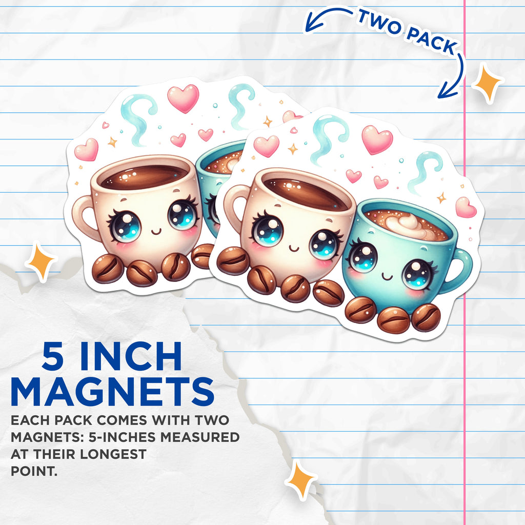 (2 Pack) Kawaii Coffee Cup Magnets - Cute Coffee Bar Decor for Kitchen - Aesthetic Fridge Magnets - Coffee Lover Couple - 5 Inches On Longest Side - Thick Durable Magnet - Made in USA - MAG38712