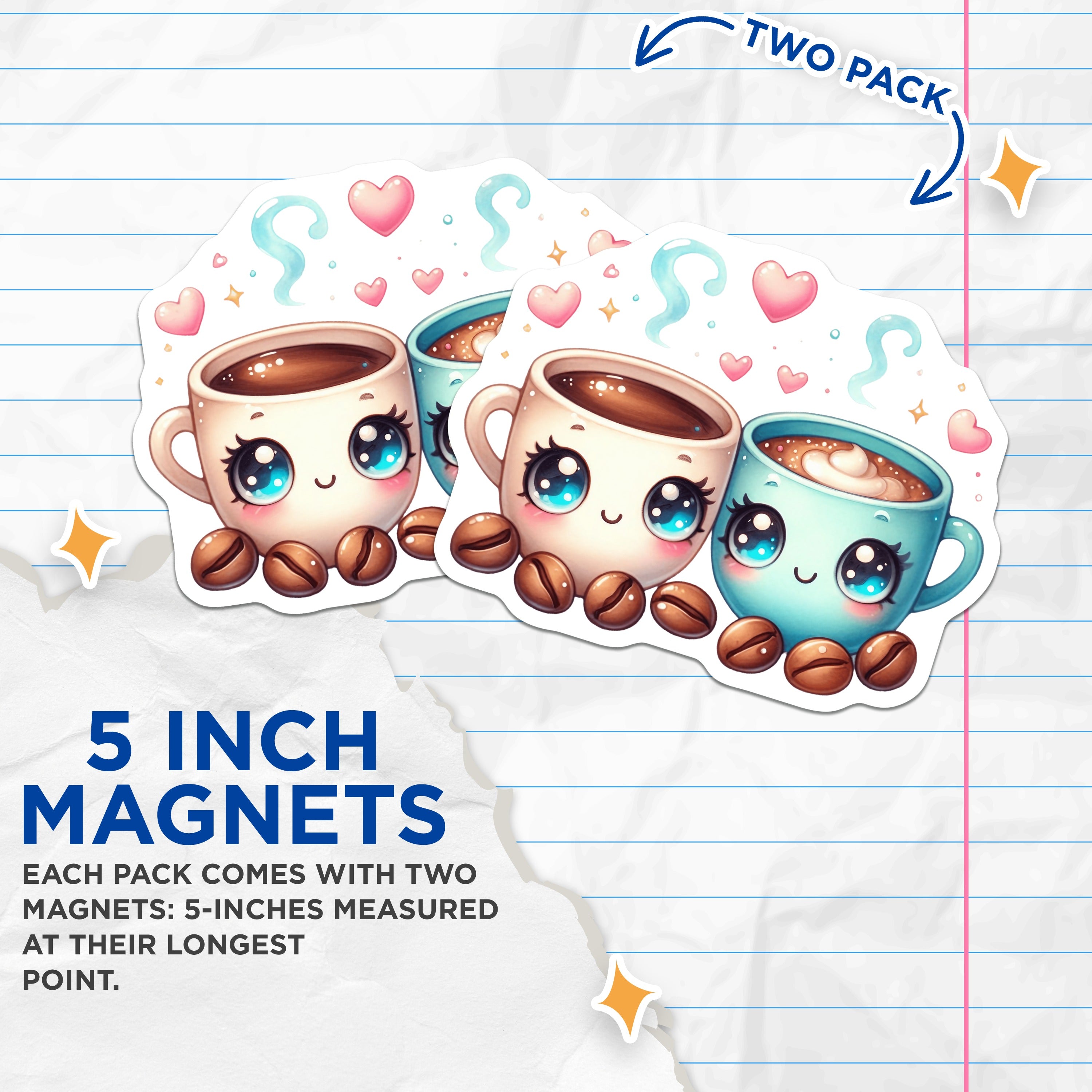 (2 Pack) Kawaii Coffee Cup Magnets - Cute Coffee Bar Decor for Kitchen - Aesthetic Fridge Magnets - Coffee Lover Couple - 5 Inches On Longest Side - Thick Durable Magnet - Made in USA - MAG38712