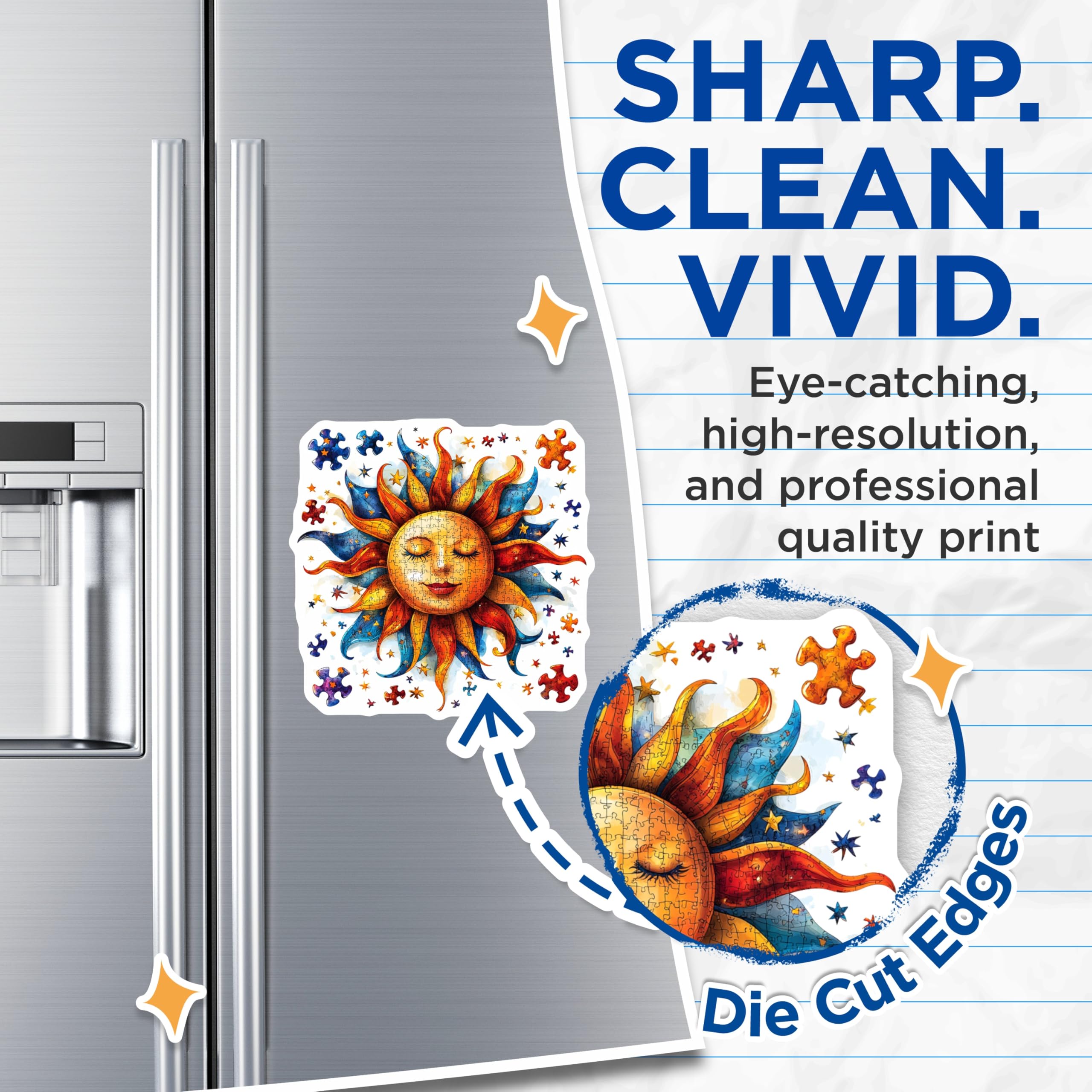 (2 Pack) Peaceful Sun Puzzle Magnets - Whimsical Jigsaw Art - Vibrant Kitchen Refrigerator Locker Accessory - 5 Inches On Longest Side - Thick Durable Magnet - Made in USA - MAG30355