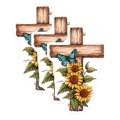(3 Pack) Christian Cross Decals - Butterfly Sunflower - Religious Laptop Decal - 3 Inches On Longest Side - Easy Peel & Apply - Made in USA - 3MCS7500