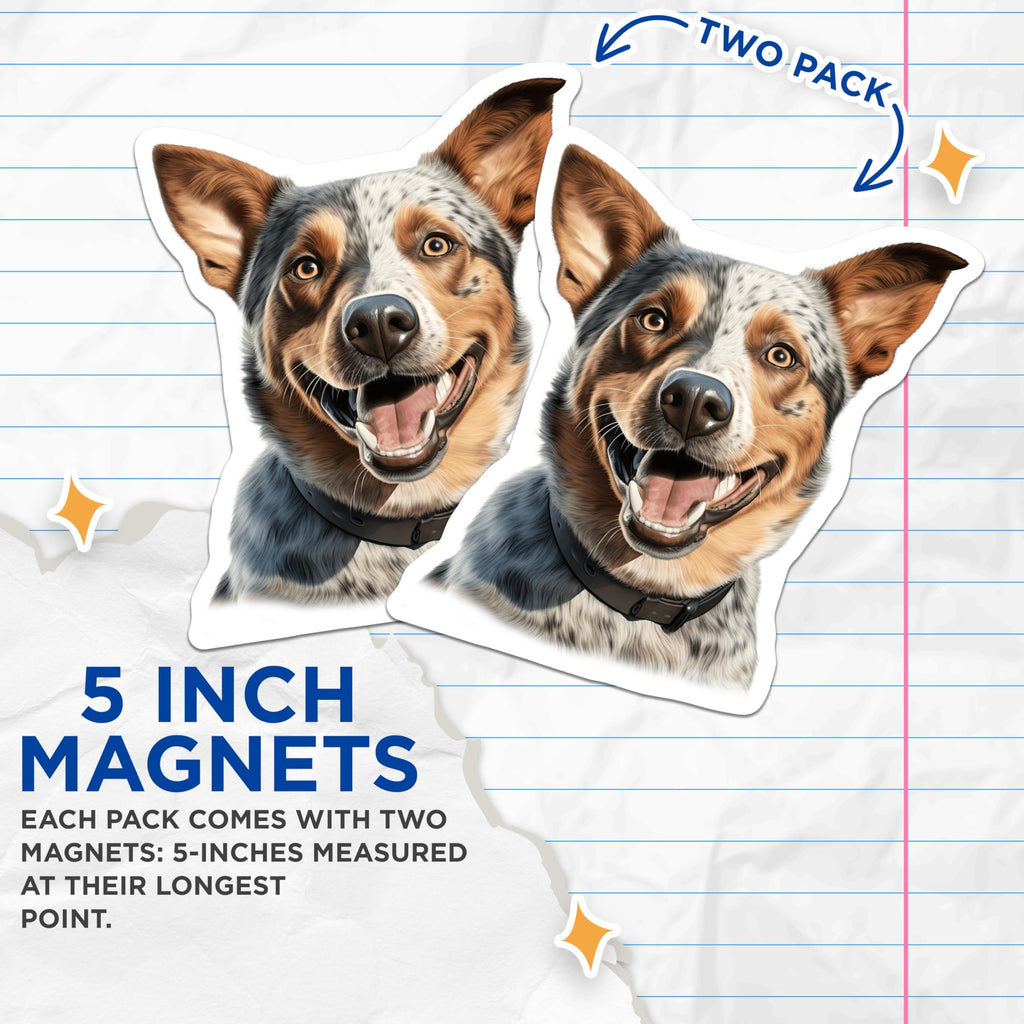 (2 Pack) Australian Cattle Dog Magnets - Smiling Blue Heeler Art - Pet Parent Accessories - 5 Inches On Longest Side - Thick Durable Magnet - Made in USA - MAG27951