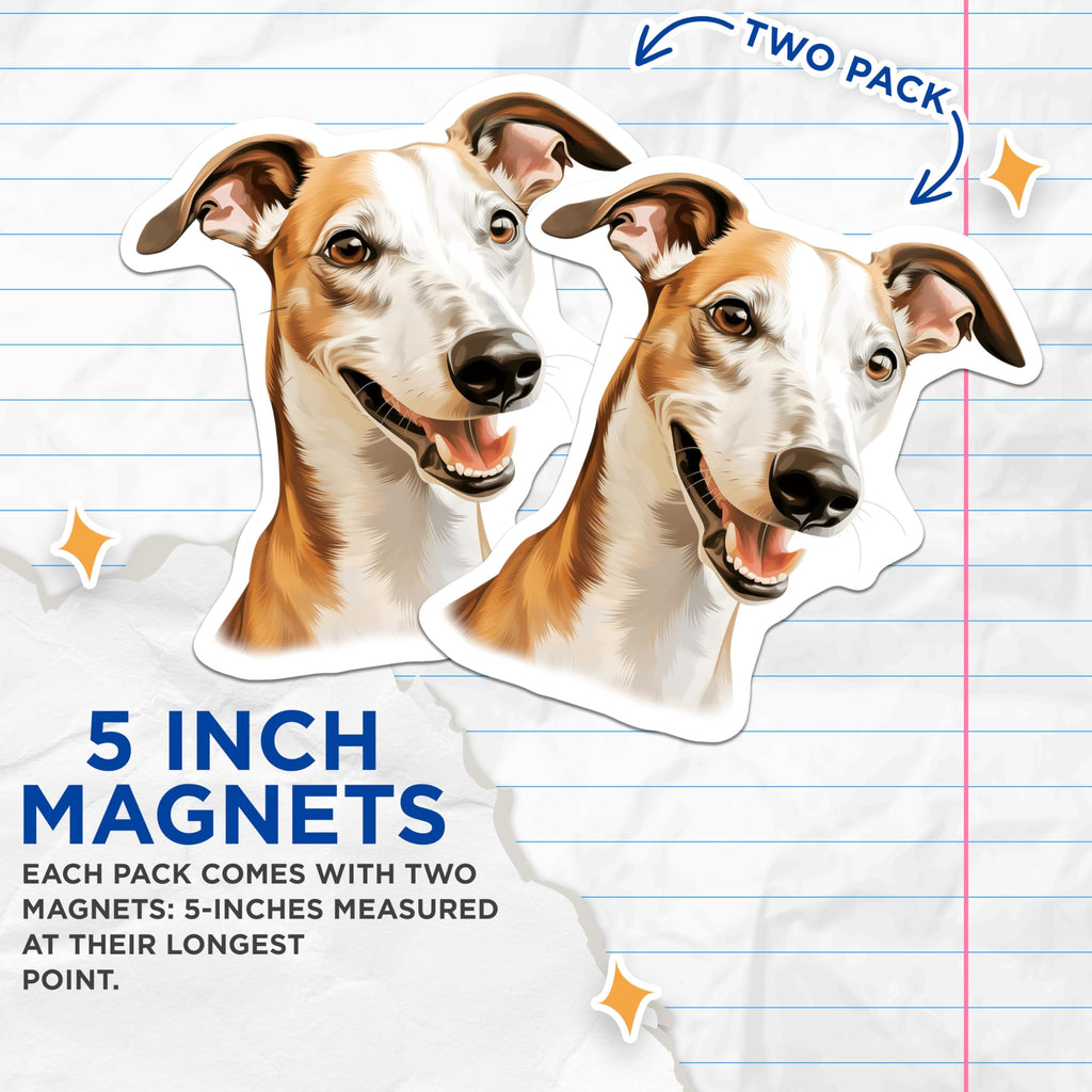 (2 Pack) Happy Greyhound Magnets - Dog Lover Refrigerator Decor - Pet Parent Car Accessories - 5 Inches On Longest Side - Thick Durable Magnet - Made in USA - MAG29060