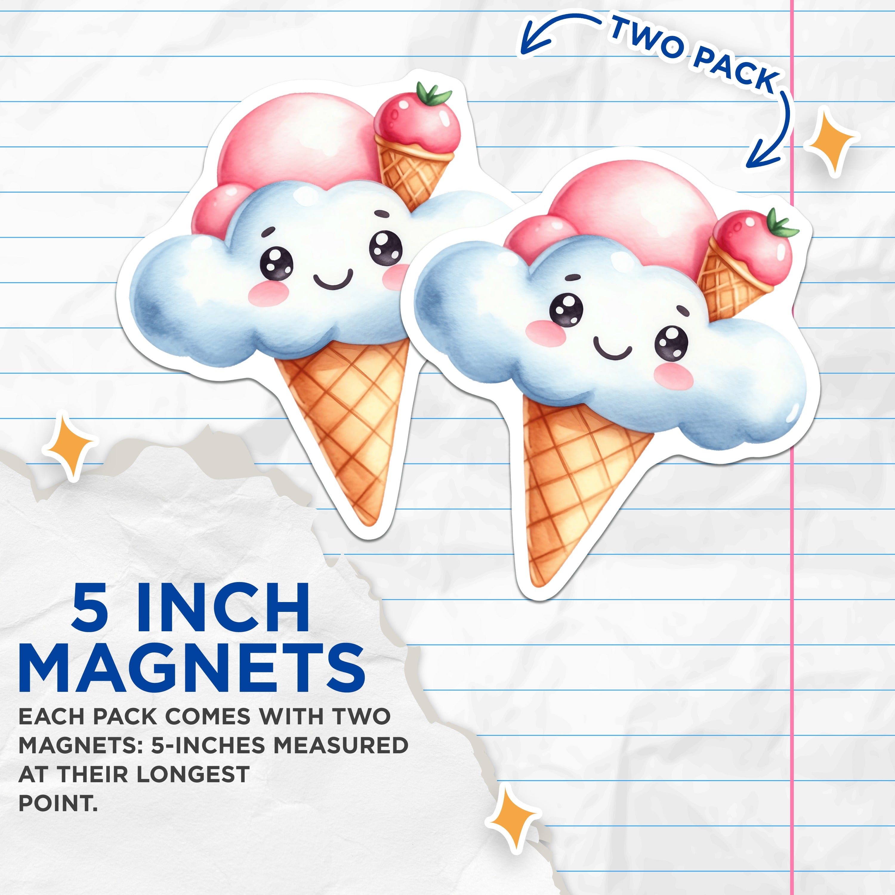 (2 Pack) Kawaii Cloud Ice Cream Magnets - Cute Dessert Fridge Decor - Happy Face Kitchen Accessories for Teens - 5 Inches On Longest Side - Thick Durable Magnet - Made in USA - MAG37977