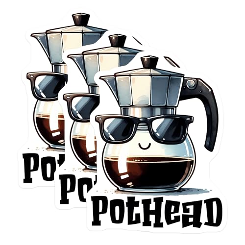 (3 Pack) Pothead Coffee Decals - Funny Coffee Lover - Moka Pot Laptop Decals - 3 Inches On Longest Side - Easy Peel & Apply - Made in USA - 3MCS2063