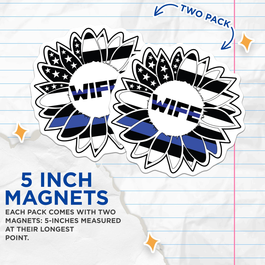 (2 Pack) Thin Blue Line Wife Magnets - Law Enforcement Spouse Decor - Patriotic Sunflower Support - Back the Blue Wives - 5 Inches On Longest Side - Thick Durable Magnet - Made in USA - MAG21116