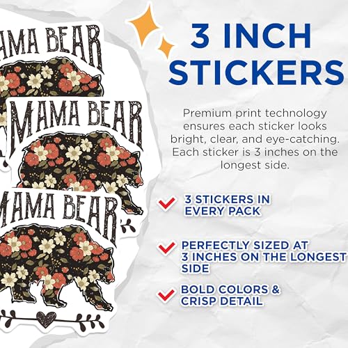 (3 Pack) Mama Bear Decals - Floral Bear Mom - Cute Laptop Decal - 3 Inches On Longest Side - Easy Peel & Apply - Made in USA - 3MCS4529