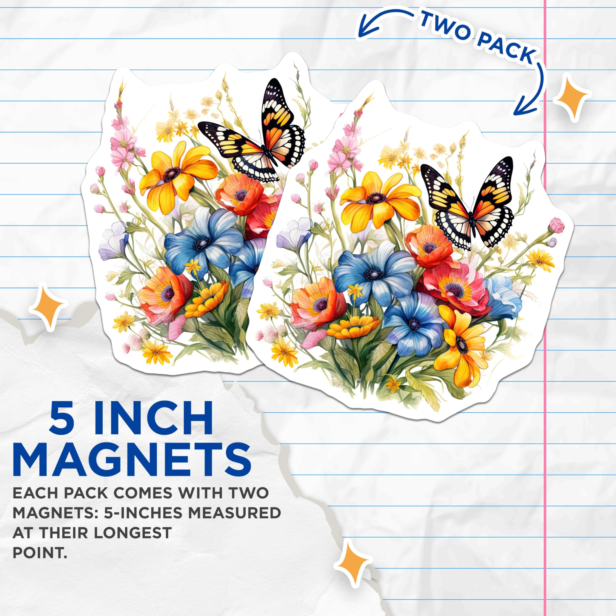 (2 Pack) Butterfly Flower Magnets - Floral Decor - Botanical Fridge Magnets - 5" On Longest Side - Premium Magnet - for Cars, Refrigerators, Toolboxes, Lockers - Made in USA - MAG15400