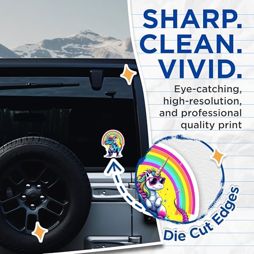 (2 Pack) Dinosaur Unicorn Stickers - Rainbow Dinosaur Stickers - Cute Unicorn Stickers - 5" On Longest Side - Sticks to Smooth Flat Surfaces - Made in USA - BMCS4625