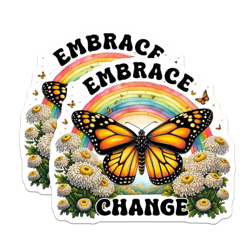 (2 Pack) Embrace Change Stickers - Butterfly Rainbow Art - Inspirational Quote Stickers - 5" On Longest Side - Sticks to Smooth Flat Surfaces - Made in USA - BMCS9735
