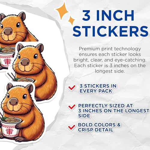 (3 Pack) Capybara Ramen Decals - Cute Rodent - Asian Food Stickers - 3 Inches On Longest Side - Easy Peel & Apply - Made in USA - 3MCS8685