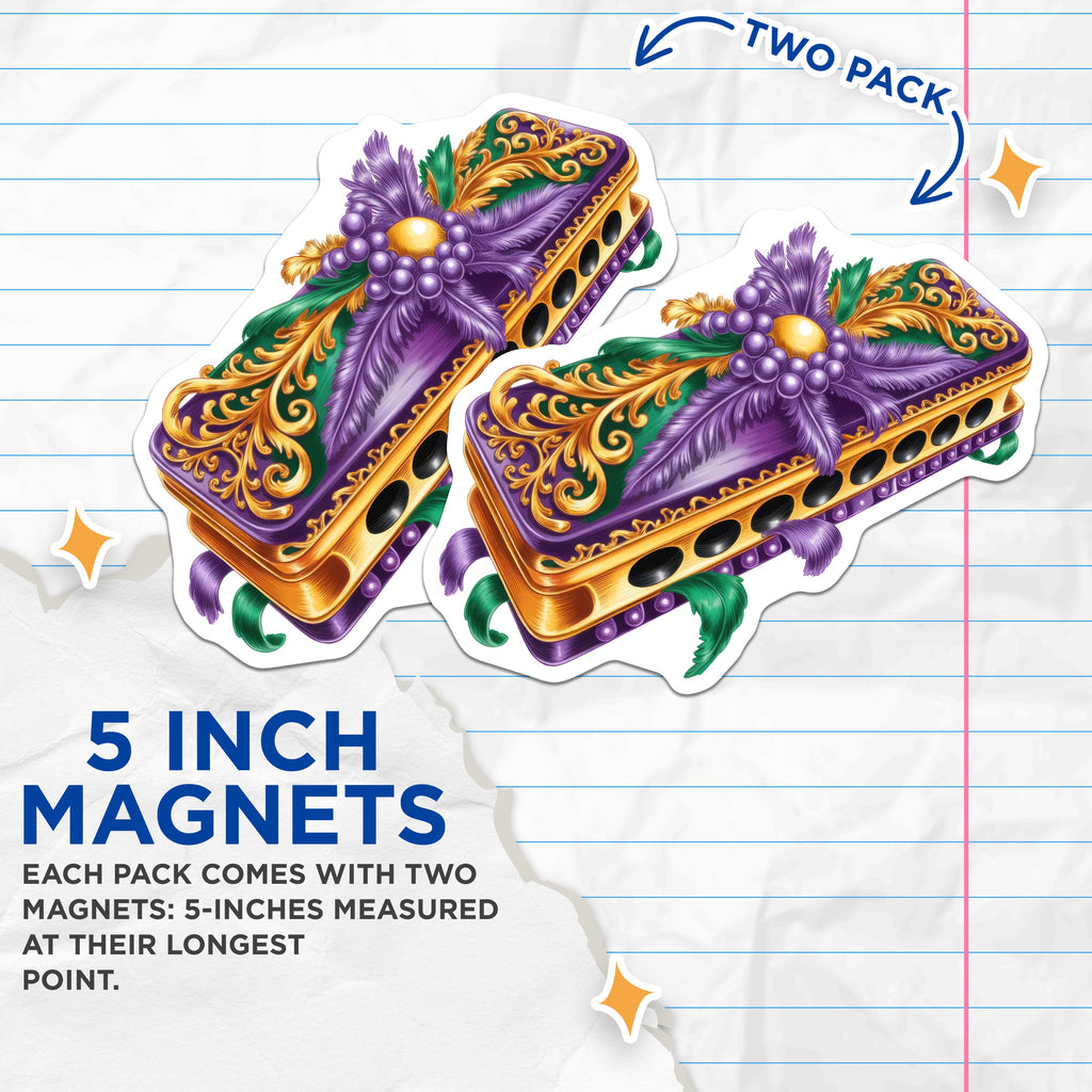 (2 Pack) Mardi Gras Magnets - New Orleans Festival Decor - Ornate Carnival Souvenir - 5 Inches On Longest Side - Thick Durable Magnet - Made in USA - MAG38663