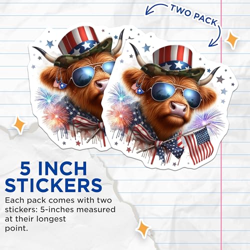 (2 Pack) Patriotic Cow Stickers - USA Fourth of July Stickers - American Flag Animal Sticker - Independence Day Decal - 5" On Longest Side - Sticks to Smooth Flat Surfaces - Made in USA - BMCS6332