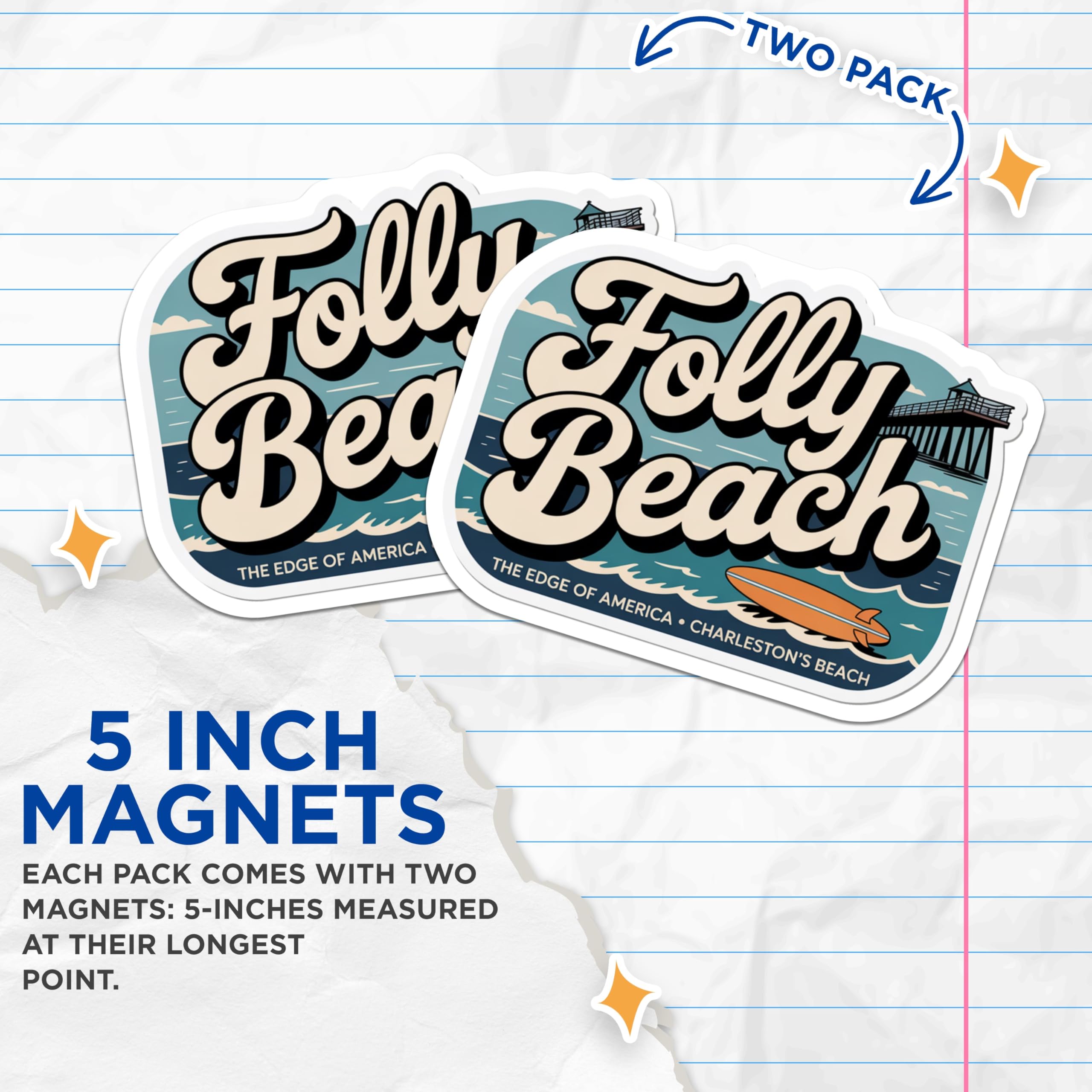 (2 Pack) Folly Beach Magnets - Charleston Beach Decor - Surfing Magnet - 5" On Longest Side - Premium Magnet - for Cars, Refrigerators, Toolboxes, Lockers - Made in USA - MAG18063