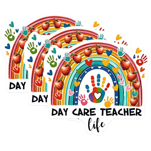 (3 Pack) Daycare Teacher Life Decals - Rainbow Apple Art - Educator Laptop Sticker - 3 Inches On Longest Side - Easy Peel & Apply - Made in USA - 3MCS6811
