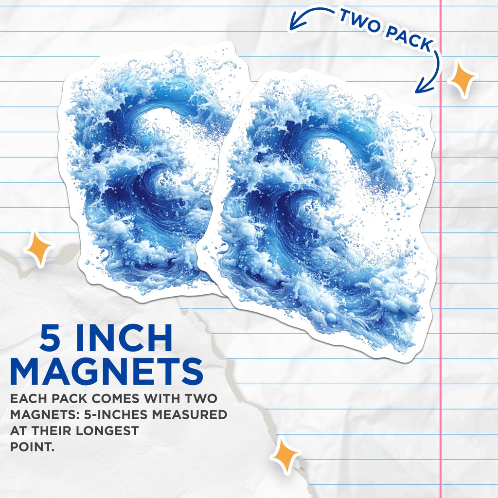(2 Pack) Crashing Ocean Wave Magnets - Vibrant Blue Water Decor - Coastal Kitchen Aesthetic - Nautical Home Fridge Art - 5 Inches On Longest Side - Thick Durable Magnet - Made in USA - MAG24590