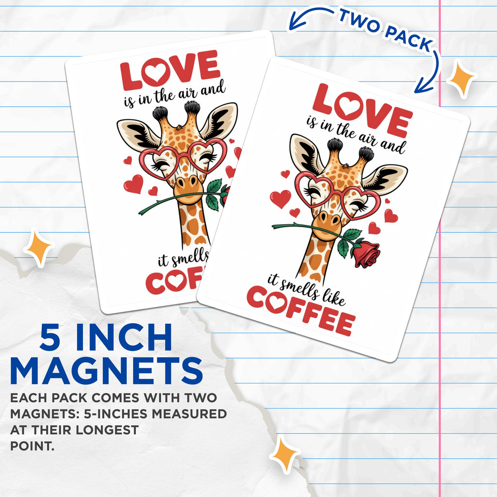 (2 Pack) Coffee Lover Giraffe Magnets - Cute Valentines Decor - Romantic Animal Kitchen Fridge - 5 Inches On Longest Side - Thick Durable Magnet - Made in USA - MAG36677