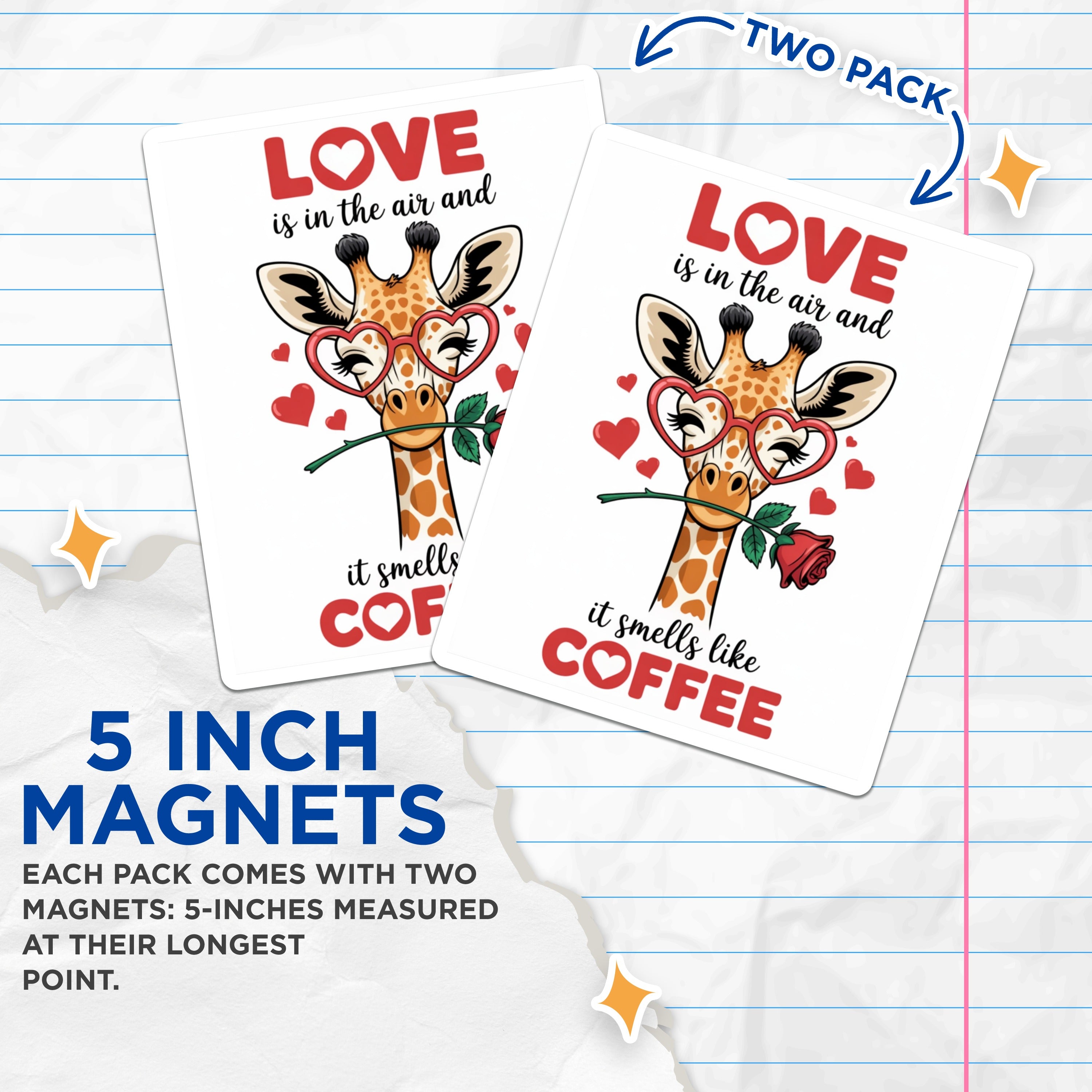 (2 Pack) Coffee Lover Giraffe Magnets - Cute Valentines Decor - Romantic Animal Kitchen Fridge - 5 Inches On Longest Side - Thick Durable Magnet - Made in USA - MAG36677