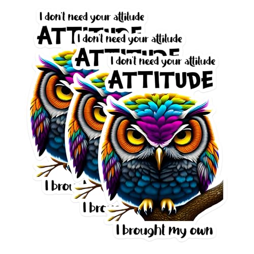 (3 Pack) Colorful Owl Decals - Attitude Quote - Laptop Decals - 3 Inches On Longest Side - Easy Peel & Apply - Made in USA - 3MCS1724