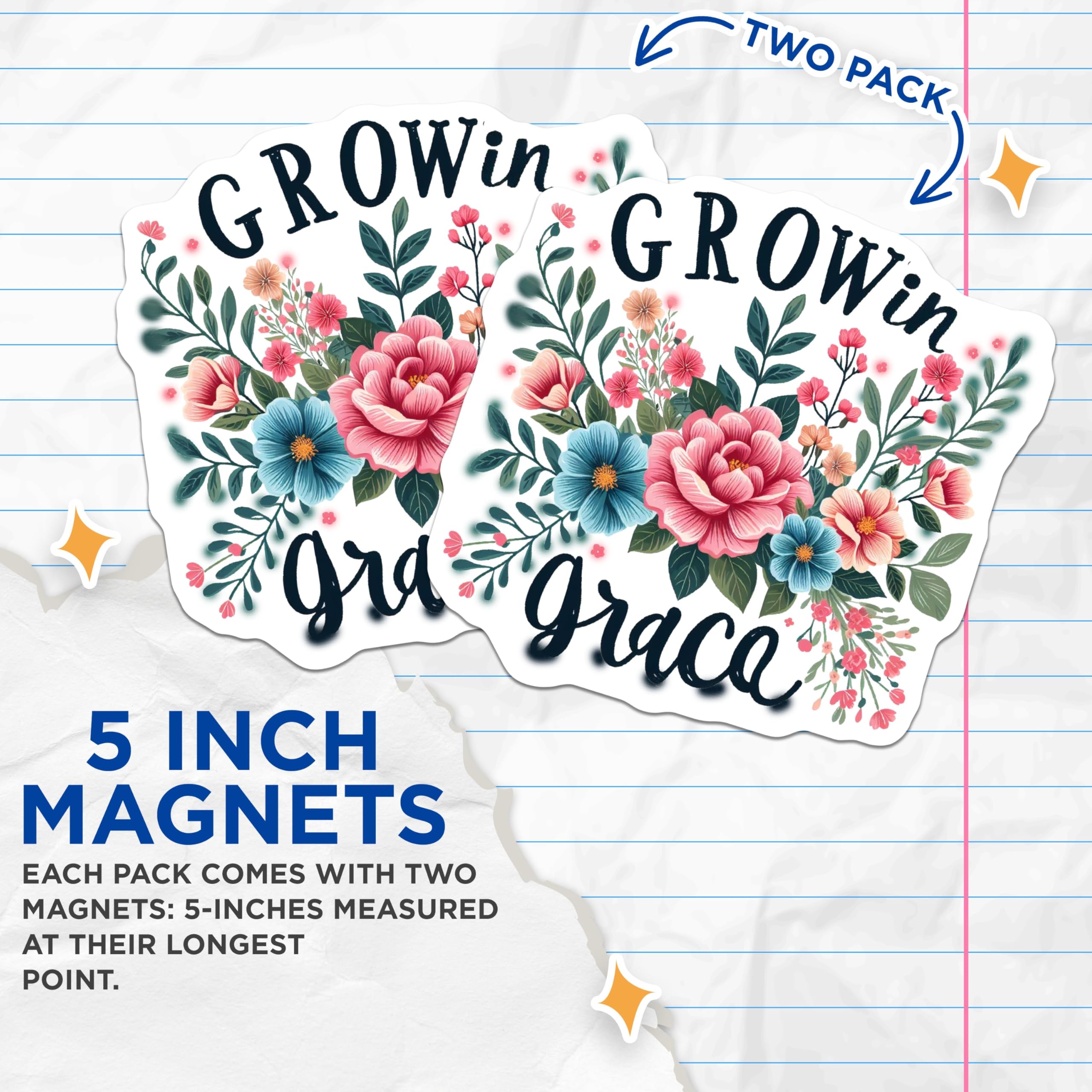 (2 Pack) Grow in Grace Magnets - Floral Magnet Design - Inspirational Message Home - 5" On Longest Side - for Cars, Fridges, Toolboxes - Made in USA - MAG4080