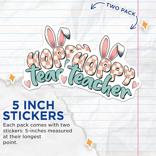 (2 Pack) Hoppy Teacher Stickers - Teacher Appreciation - Funny Teacher Bunny - 5" On Longest Side - Sticks to Smooth Flat Surfaces - Made in USA - BMCS8148