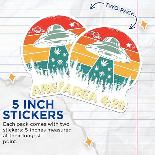 (2 Pack) Area 420 Stickers - UFO Alien Theme - Retro Cannabis Design - 5" On Longest Side - Sticks to Smooth Flat Surfaces - Made in USA - BMCS5967