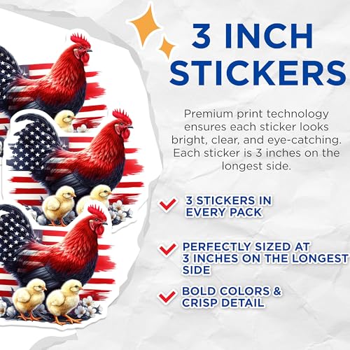 (3 Pack) American Rooster Decals - USA Flag Chicken Stickers - Patriotic Animal Decals- 3 Inches On Longest Side - Easy Peel & Apply - Made in USA - 3MCS5192