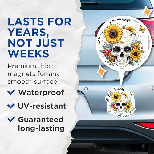 (2 Pack) Little Sunshine Little Savage Magnets - Sunflower Skull Decor - 5" On Longest Side - for Cars, Fridges, Toolboxes - Made in USA - MAG7381