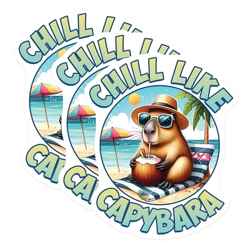 (3 Pack) Chill Capybara Decals - Laptop Decals - Relaxing Animal Stickers - 3 Inches On Longest Side - Easy Peel & Apply - Made in USA - 3MCS2527
