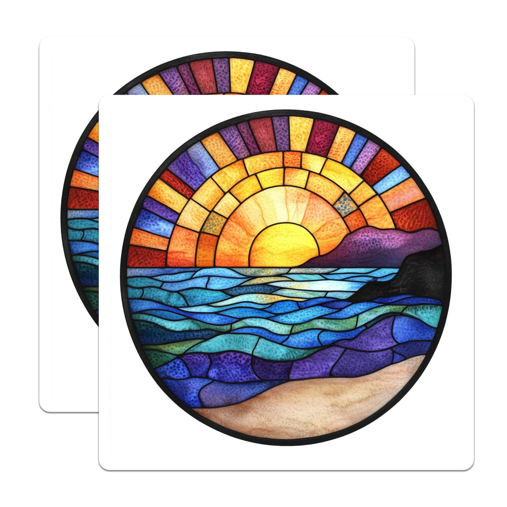 (2 Pack) Stained Glass Sunset Magnets - Ocean Horizon Art - Beach Decor Aesthetic - 5 Inches On Longest Side - Thick Durable Magnet - Made in USA - MAG27357