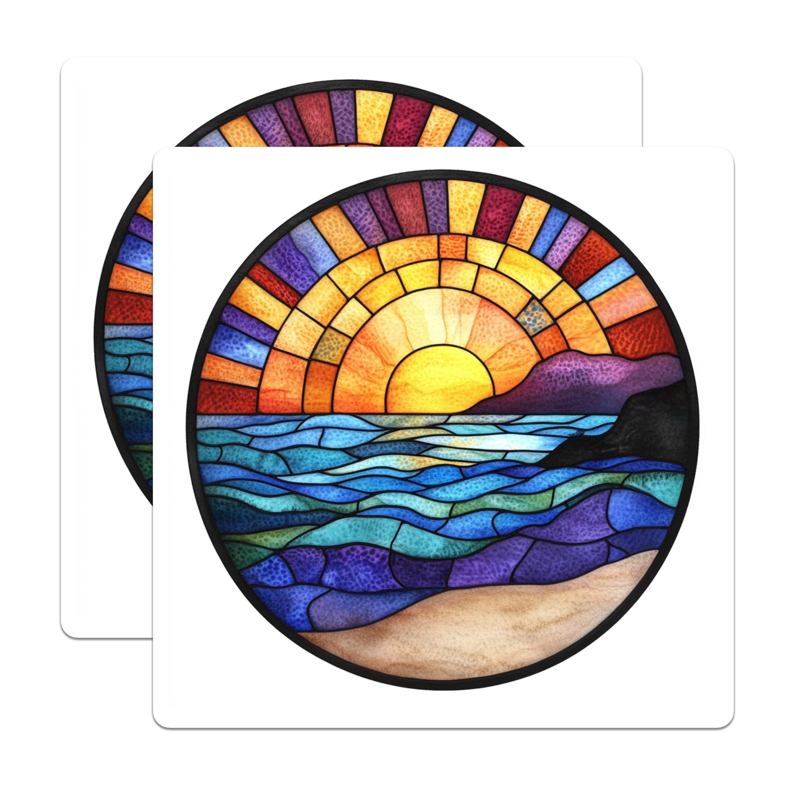 (2 Pack) Stained Glass Sunset Magnets - Ocean Horizon Art - Beach Decor Aesthetic - 5 Inches On Longest Side - Thick Durable Magnet - Made in USA - MAG27357