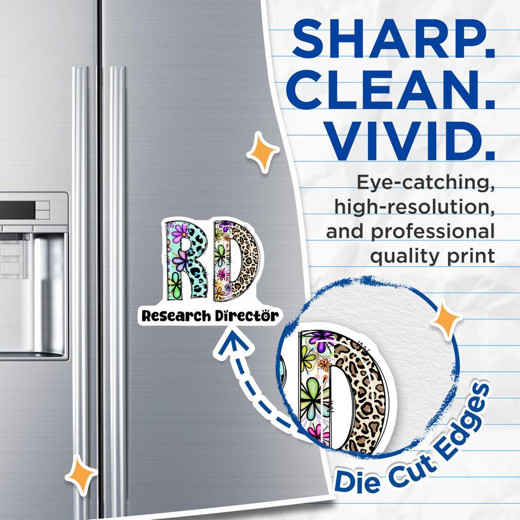 (2 Pack) Research Director Magnets - Floral Leopard RD Initials - Cute Job Title Decor - 5" On Longest Side - Premium Magnet - for Cars, Refrigerators, Toolboxes, Lockers - Made in USA - MAG16299