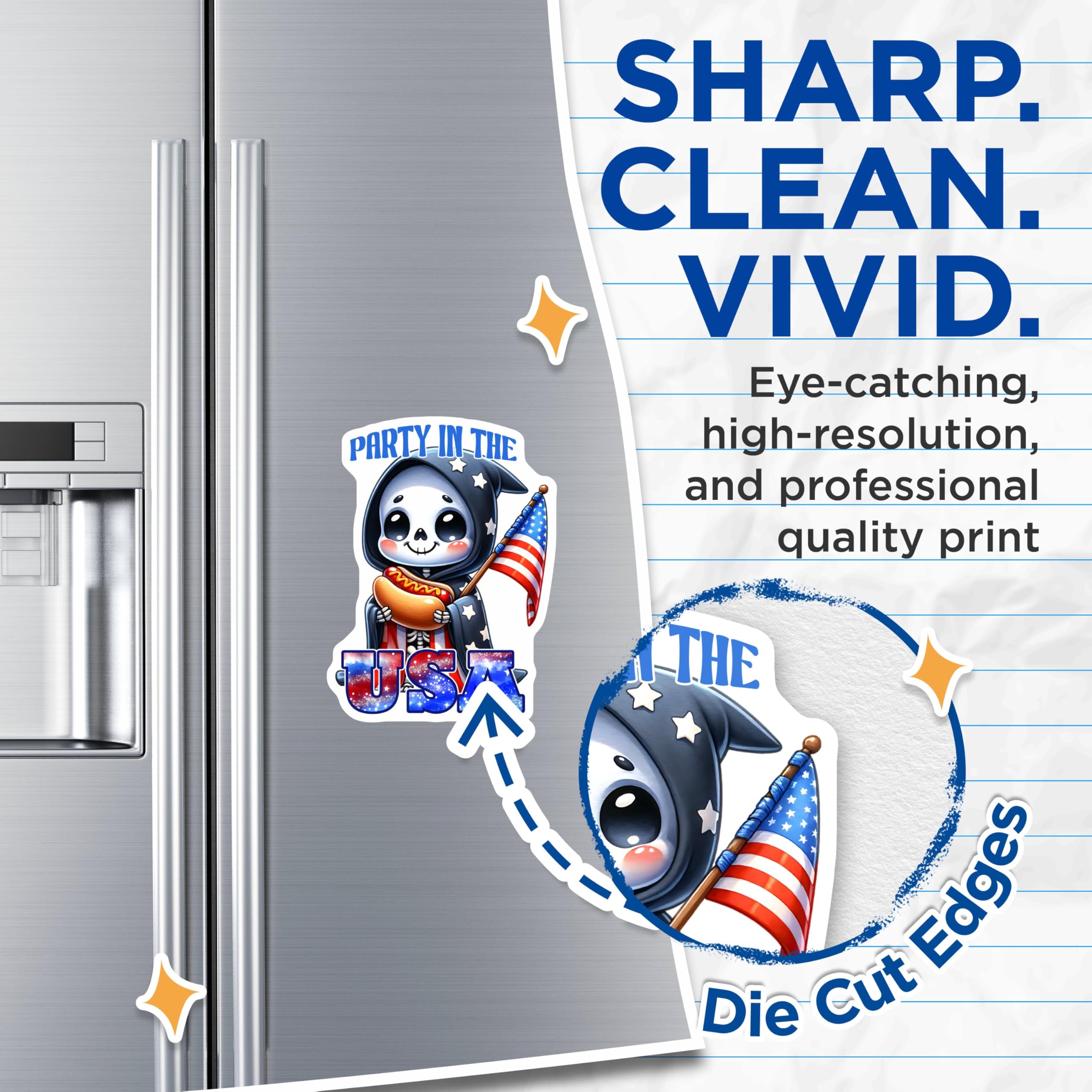 (2 Pack) Party in The USA Skeleton Magnets - Patriotic Kitchen Decor - 5" On Longest Side - for Cars, Fridges, Toolboxes - Made in USA - MAG7909