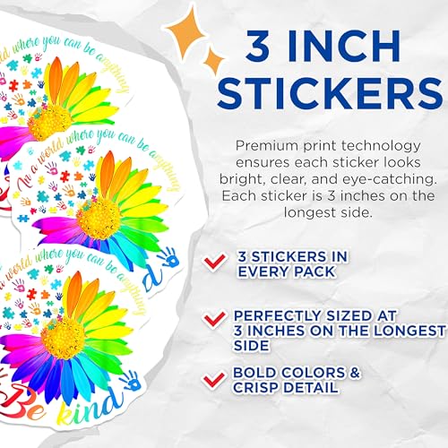 (3 Pack) Autism Awareness Decals - Rainbow Flower - Be Kind Stickers - 3 Inches On Longest Side - Easy Peel & Apply - Made in USA - 3MCS2289