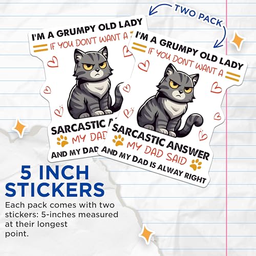 (2 Pack) Grumpy Cat Humor Stickers - Sarcastic Answer - Funny Old Lady Quote for Dad - 5" On Longest Side - Sticks to Smooth Flat Surfaces - Made in USA - BMCS7349