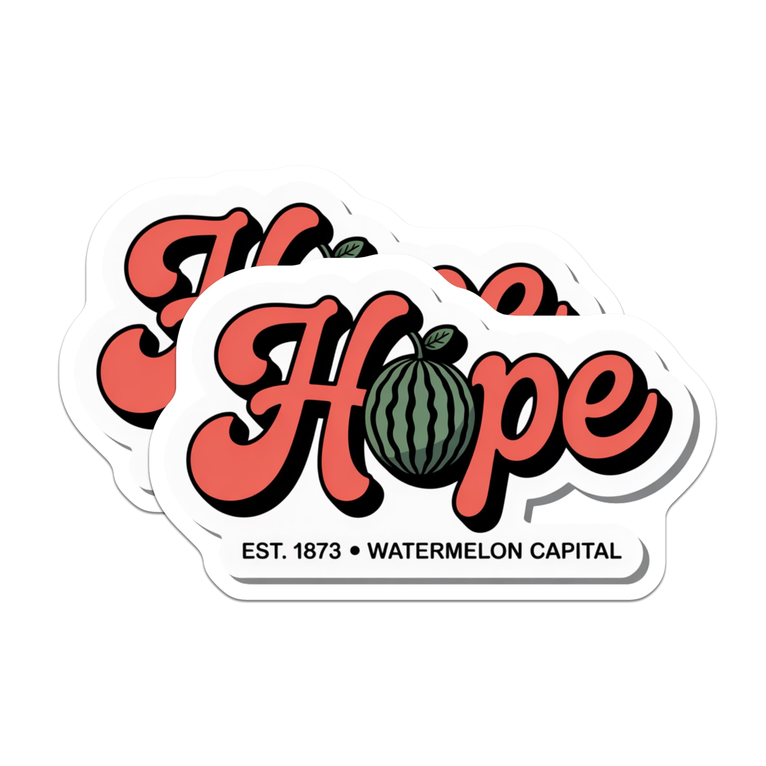 (2 Pack) Hope Watermelon Stickers - Retro Design - Watermelon Capital - 5" On Longest Side - Sticks to Smooth Flat Surfaces - Made in USA - BMCS18358