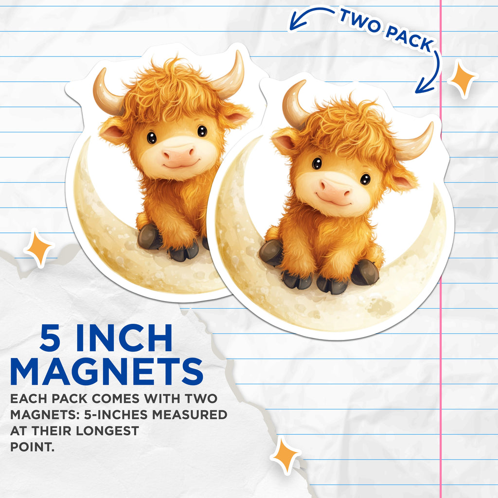 (2 Pack) Cute Highland Cow Magnets - Moon Baby Animal - Adorable Farmhouse Decor - Nursery Kitchen Refrigerator Accessory - 5 Inches On Longest Side - Thick Durable Magnet - Made in USA - MAG37351