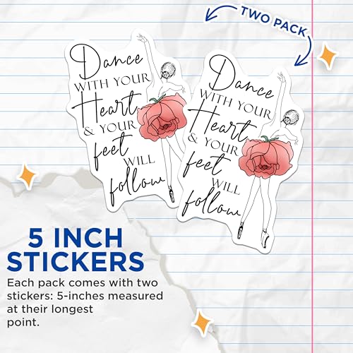 (2 Pack) Dance with Your Heart Stickers - Ballerina Inspirational Stickers - Motivational Dance Vinyl Decals - 5" On Longest Side - Sticks to Smooth Flat Surfaces - Made in USA - BMCS4202