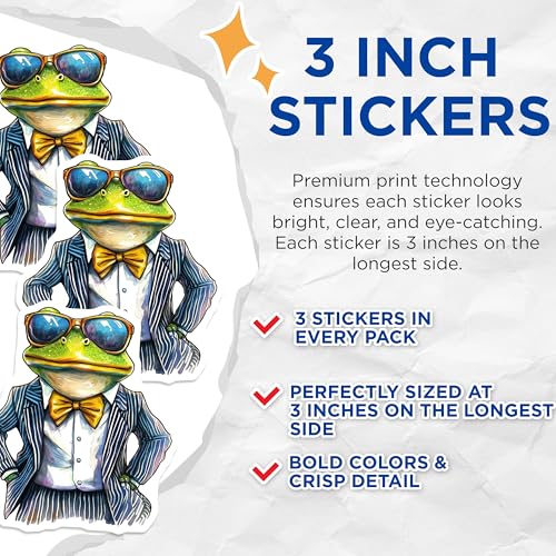 (3 Pack) Cool Frog Decals - Dapper Frog - Animal Decals - 3 Inches On Longest Side - Easy Peel & Apply - Made in USA - 3MCS8279