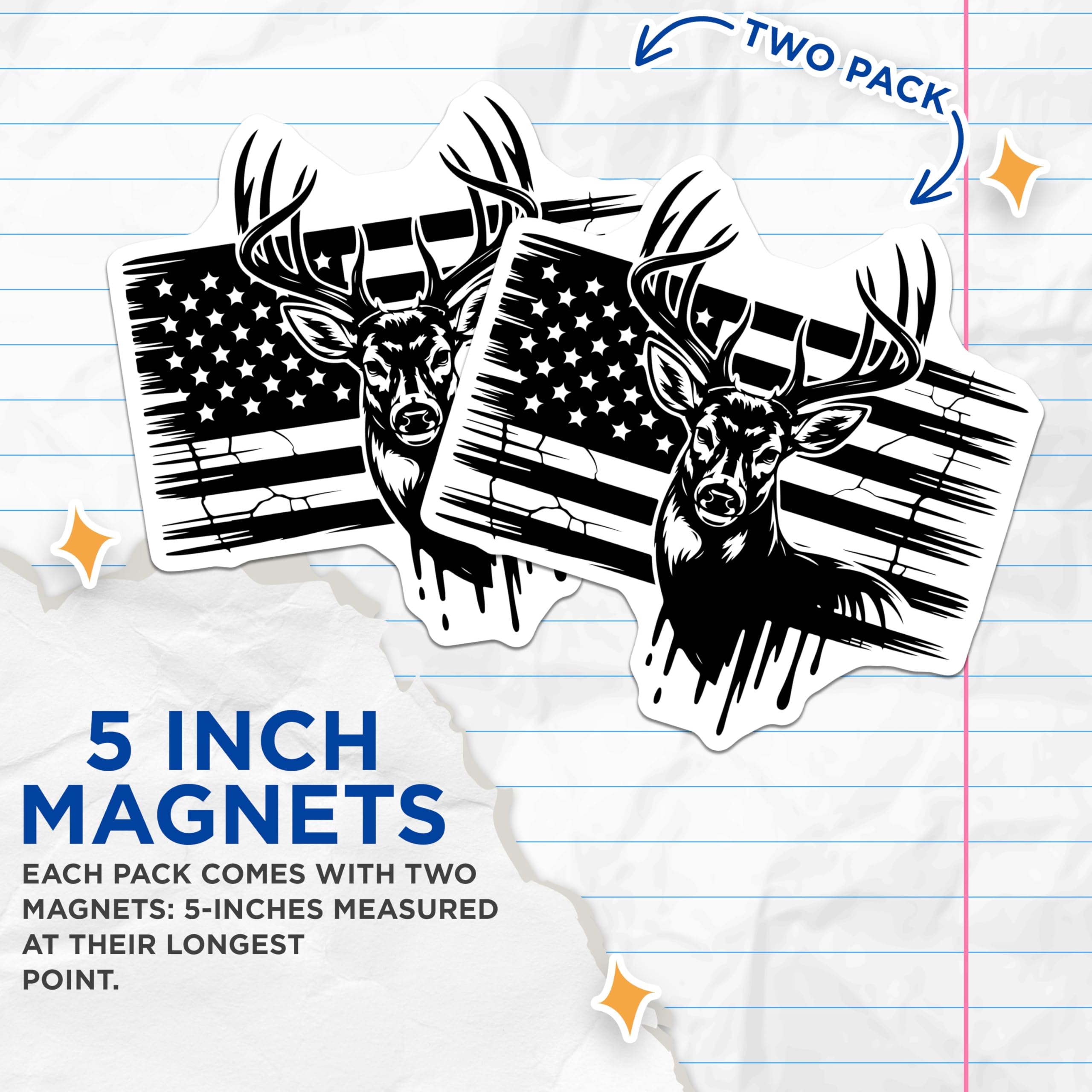 (2 Pack) Deer Hunter Magnets - Distressed American Flag Decor - Patriotic Wildlife Art - 5 Inches On Longest Side - Thick Durable Magnet - Made in USA - MAG21358