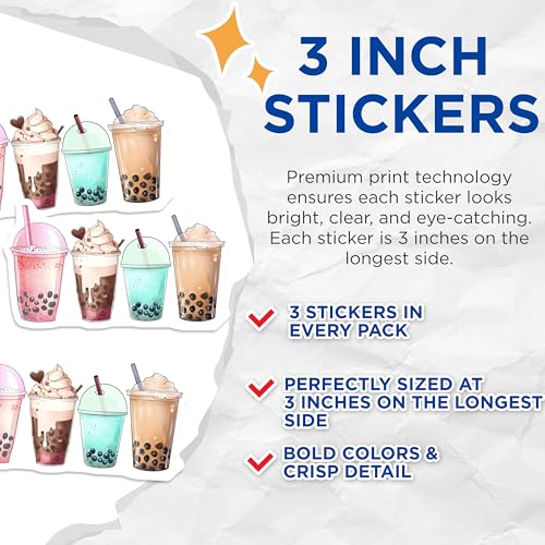 (3 Pack) Boba Tea Decals - Bubble Tea Stickers - Laptop Decals - 3 Inches On Longest Side - Easy Peel & Apply - Made in USA - 3MCS6514