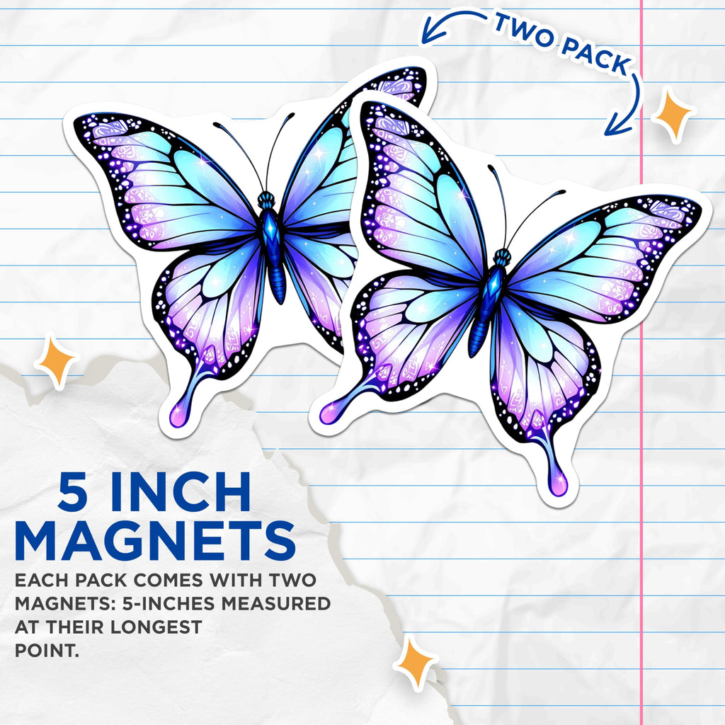 (2 Pack) Butterfly Magnets - Blue Purple Butterfly Decor - Decorative Fridge Magnets - 5" On Longest Side - Premium Magnet - for Cars, Refrigerators, Toolboxes, Lockers - Made in USA - MAG16391