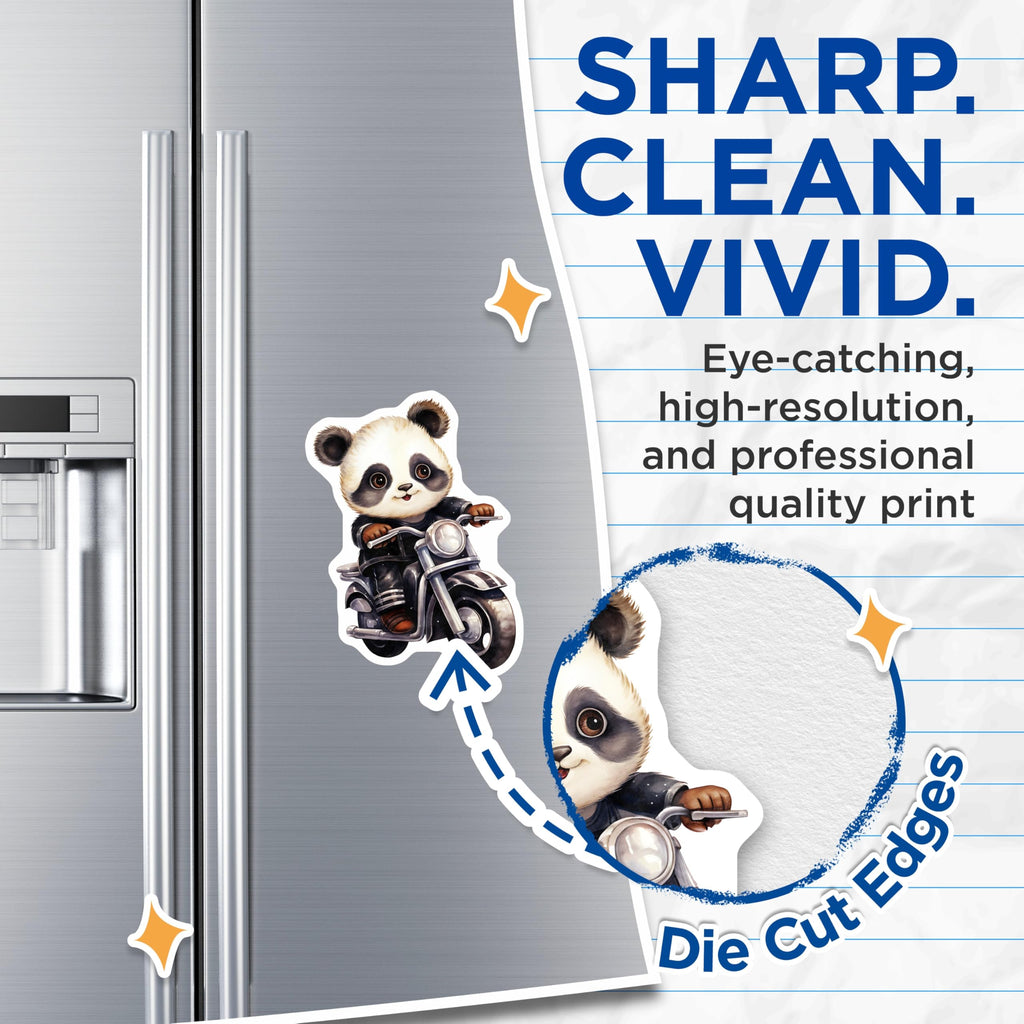 (2 Pack) Panda Motorcycle Magnets - Cute Animal Art - Biker Bear Decor - 5" On Longest Side - Premium Magnet - for Cars, Refrigerators, Toolboxes, Lockers - Made in USA - MAG16996