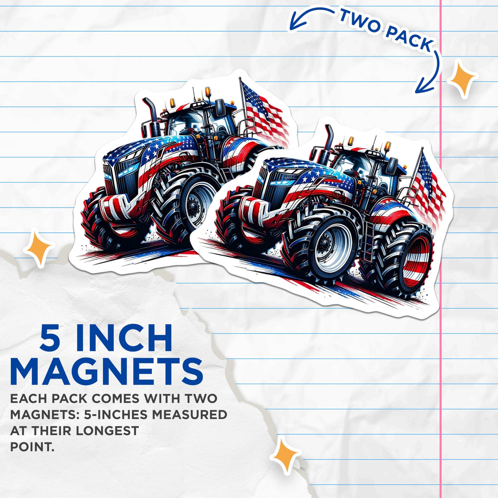 (2 Pack) Tractor Magnets - American Flag Art - Patriotic Farmhouse Decor - 5" On Longest Side - Premium Magnet - for Cars, Refrigerators, Toolboxes, Lockers - Made in USA - MAG14553