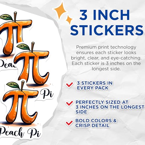 (3 Pack) Peach Pi Decals - Funny Math Pun - Fruit Decals for Laptop - 3 Inches On Longest Side - Easy Peel & Apply - Made in USA - 3MCS6922