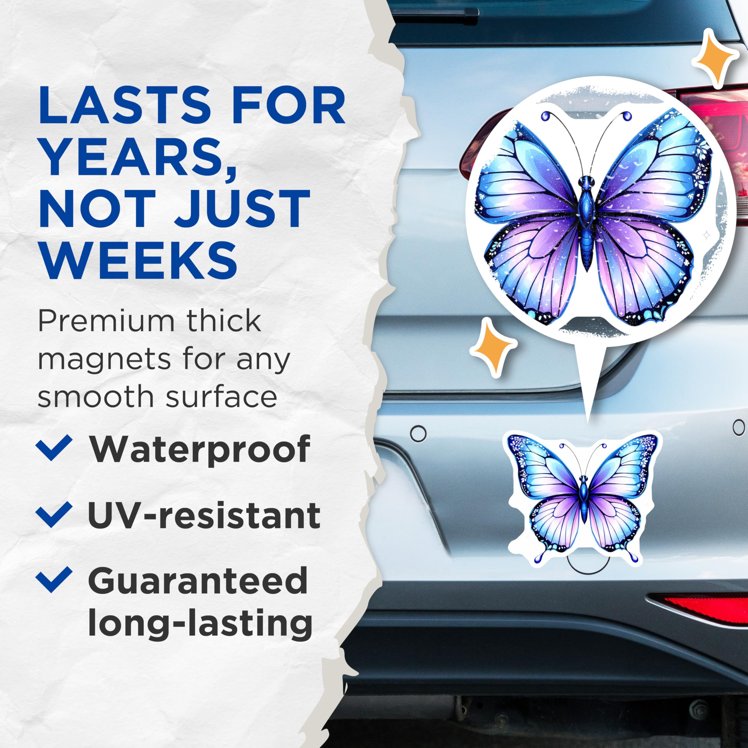 (2 Pack) Butterfly Magnets - Blue Purple Butterfly Decor - Decorative Fridge Magnets - 5" On Longest Side - Premium Magnet - for Cars, Refrigerators, Toolboxes, Lockers - Made in USA - MAG14157