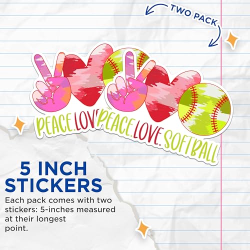 (2 Packs) Peace Love Softball Stickers - Softball Mom Softball Dad Player Decals - 5 Inches On Longest Side - Premium Vinyl Decal - Sticks to Any Smooth Flat Surface - Made in USA - BMCS2343