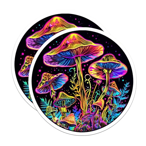(2 Pack) Neon Mushroom Stickers - Psychedelic Art - Glowing Fungi Decal - Colorful Mushroom Sticker Set - 5" On Longest Side - Sticks to Smooth Flat Surfaces - Made in USA - BMCS6688