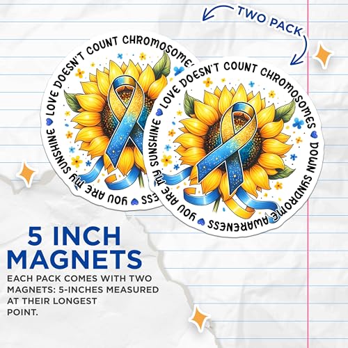 (2 Pack) Love Doesn't Count Chromosomes Magnets - Down Syndrome Awareness - Inspirational Sunflower Design - 5" On Longest Side - for Cars, Fridges, Toolboxes - Made in USA - MAG8213