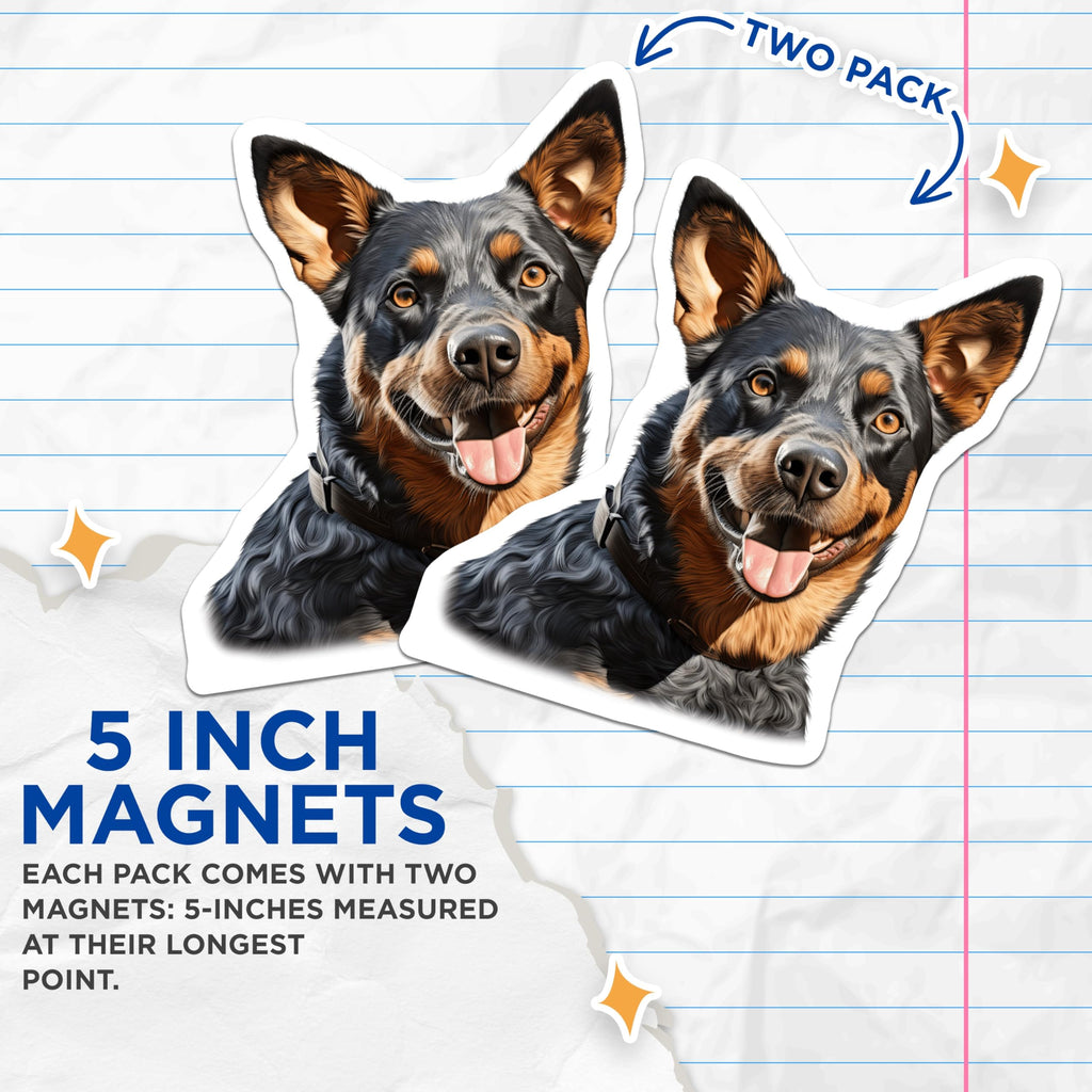 (2 Pack) Australian Cattle Dog Magnets - Blue Heeler Dog Lover Decor - Happy Heeler Pet Portrait Art - 5 Inches On Longest Side - Thick Durable Magnet - Made in USA - MAG30164